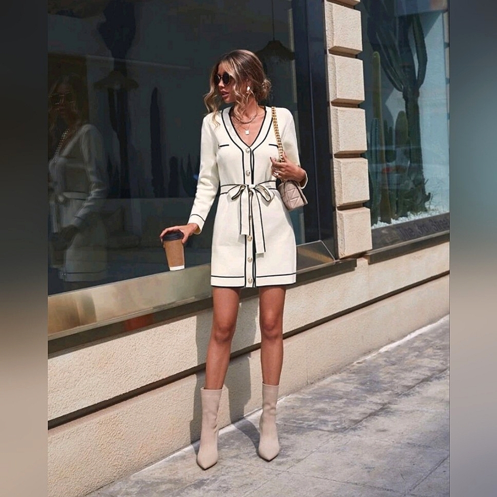 New Chic Contrast Trim Button Up Tie Belt Short Knit Dress Cream Black